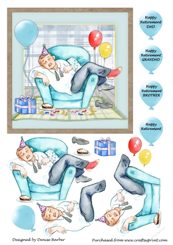 300dpi 6x6ins Topper & decoupage, Retirement, Dad, Grandad, Brother-Asleep in a chair