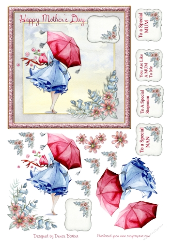 300dpi 6x6in Topper & Decoupage-Lady with umbrella, Flowers-Mothers Day- Like a Mum to Me/Stepmum/Mum/Nan