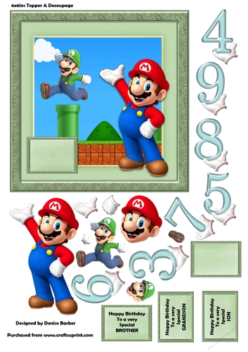 300dpi, 6x6ins Topper & Decoupage, Birthday Ages 3-9, Boy, Super Mario, Son Grandson Brother