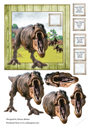 300dpi 6x6ins topper & Decoupage-Birthday- Dinosaur -T-rex- Son/Grandson/Brother/Nephew