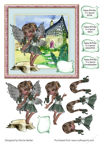 300dpi 6x6 ins Topper and decoupage-Fairy Birthday-Daughter, Niece, Sister, Granddaughter