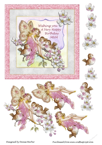 300dpi 6x6in Topper & decoupage - Fairy & Birds- Birthday Mum