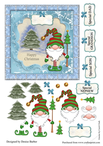300dpi 6x 6ins topper and decoupage-Christmas gnome with tree-Dad, Son, Grandson. Nephew