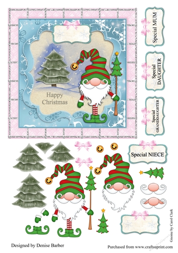 300dpi 6x 6ins topper and decoupage-Christmas gnome with tree-Mum, Daughter, Granddaughter, Niece