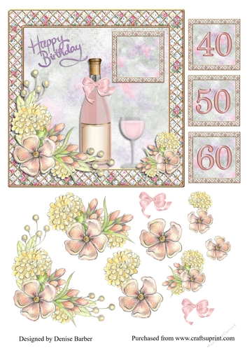 300dpi 6 x 6 in topper & decoupage - Birthday 40th, 50th, 60th, bottle with pink bow, glass and flowers, pink         