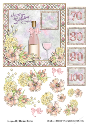 300dpi 6 x 6 in topper & decoupage - Birthday 70th, 80th, 90th, 100th, bottle with pink bow, glass and flowers, pink         