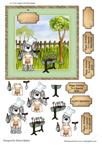 300dpi 6 x 6 ins Topper and decoupage - BBQ Bear-Birthday Male - Dad, Husband, Son, Brother