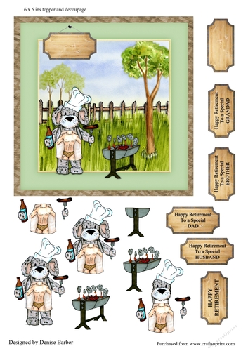 300dpi 6 x 6 ins Topper and decoupage - BBQ Bear-Retirement Male - Dad, Husband, Grandad, Brother