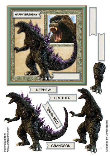 300 dpi 6x6 in Topper & Decoupage - Godzilla - Birthday - Son, Grandson, Brother, Nephew