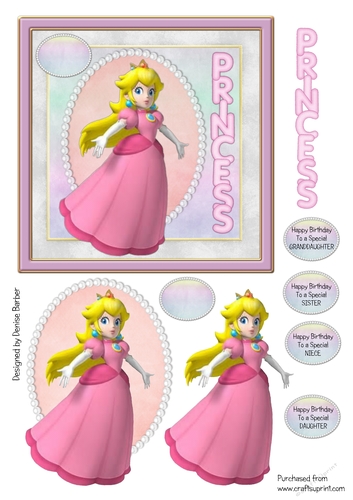 300dpi 6x6ins topper &decoupage-Birthday-Princess Peach (super Mario)-daughter, granddaughter, Sister, Niece