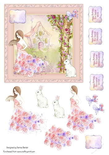 300dpi 6x6in Topper & decoupage-Birthday Female-Fantasy woodland-Daughter, Sister, Niece, Granddaughter