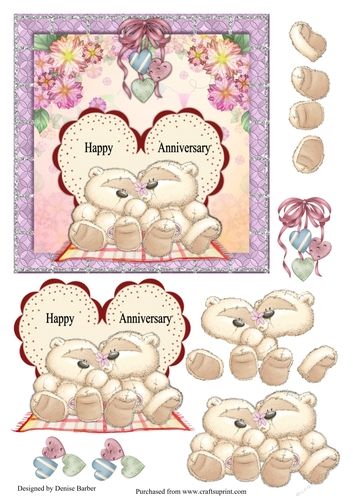 300dpi 6x6ins topper & decoupage, Happy Anniversary Teddies - Male ore Female