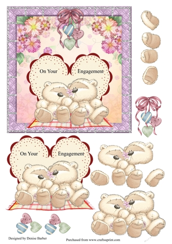 300dpi 6x6ins Topper and decoupage- Teddies and hearts-On Your Engagement