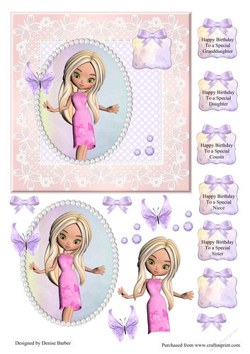 300dpi, Topper and decoupage, Blond girl/pink dress-Birthday-Cousin, Sister, Niece, Daughter, Granddaughter
