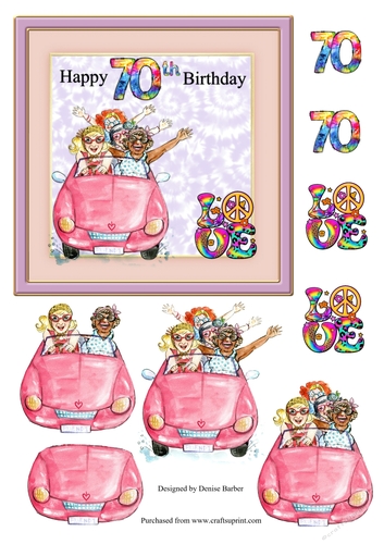 300dpi 6x6ins topper and decoupage, hippie birthday - 70th- female