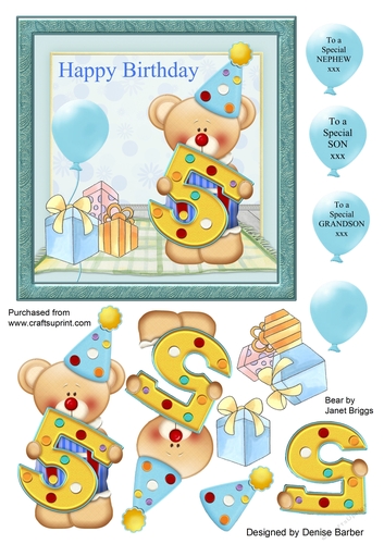 300dpi 6x6 in topper & Decoupage - 5th Birthday Bear - Son, Grandson, Nephew