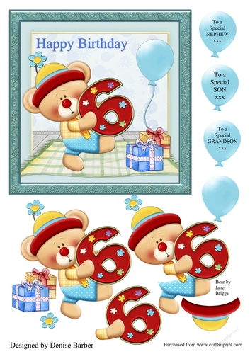 300dpi 6x6 in topper & Decoupage - 6th Birthday Bear - Son, Grandson, Nephew