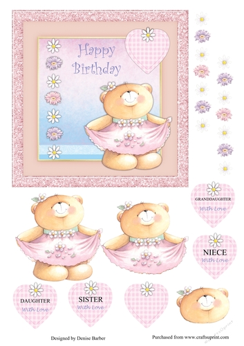300dpi 6x6in topper& decoupage - Birthday-Bear in pink dress- Daughter/Granddaughter/Sister/Niece
