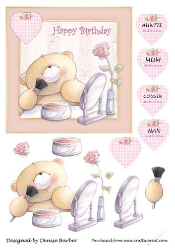 300dpi 6x6ins topper- birthday -makeup bear - Auntie, Mum, Cousin, Nan