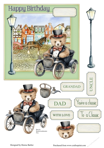 300dpi 6x6in topper & decoupage - Top hat bear in a vintage car - Classic, Happy Birthday - Uncle/Grandad/Dad