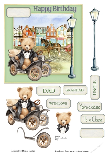 300dpi 6x6in topper & decoupage - bear in a vintage car - Classic, Happy Birthday - Uncle/Grandad/Dad