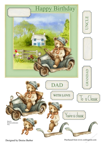 300dpi 6x6in topper & decoupage - country scene, bear in a vintage car - Classic, Happy Birthday - Uncle/Grandad/Dad