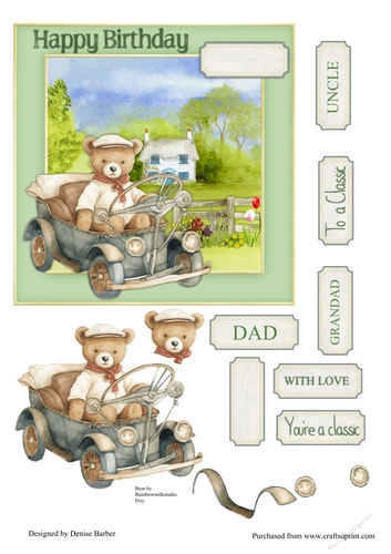 300dpi 6x6in topper & decoupage - country scene, bear in a vintage car - Classic, Happy Birthday - Uncle/Grandad/Dad