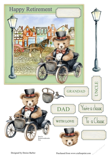 300dpi 6x6in topper & decoupage - scene of a bear in a vintage car - Classic, Happy Retirement - Uncle/Grandad/Dad