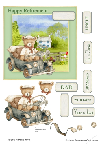 300dpi 6x6in topper & decoupage - scene of a bear in a vintage car - Classic, Happy Retirement - Uncle/Grandad/Dad
