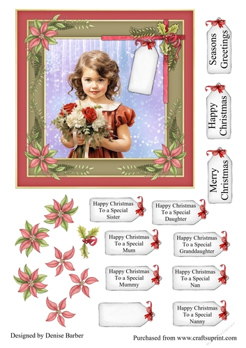 300dpi, 6x6ins Topper & Decoupage - Christmas - Girl with Flowers - Mum, Daughter, Sister, Granddaughter, Mummy, Nan, Nanny