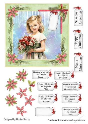 300dpi, 6x6ins Topper & Decoupage - Christmas - Girl with Flowers No.2 - Mum, Daughter, Sister, Granddaughter, Mummy, Nan, Nanny