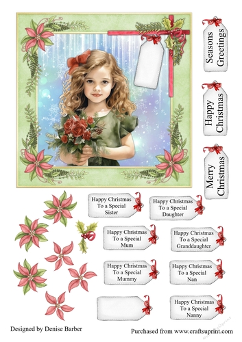 300dpi, 6x6ins Topper & Decoupage - Christmas - Girl with Flowers No.3 - Mum, Daughter, Sister, Granddaughter, Mummy, Nan, Nanny