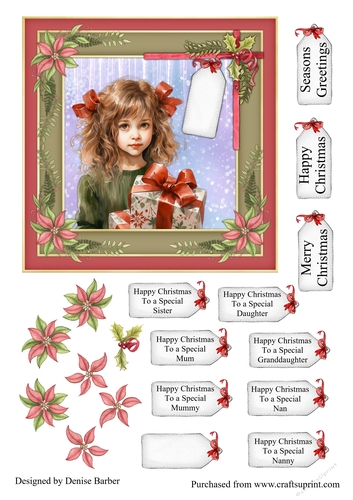 300dpi, 6x6ins Topper & Decoupage - Christmas - Girl with Present No.1 - Mum, Daughter, Sister, Granddaughter, Mummy, Nan, Nanny