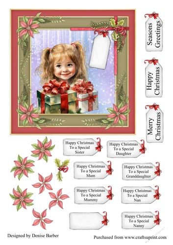 300dpi, 6x6ins Topper & Decoupage - Christmas - Girl with Present No.2 - Mum, Daughter, Sister, Granddaughter, Mummy, Nan, Nanny