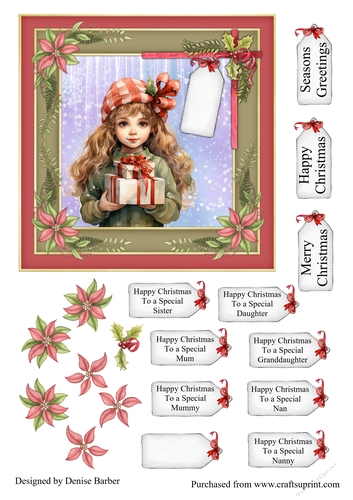 300dpi, 6x6ins Topper & Decoupage - Christmas - Girl with Present No.3 - Mum, Daughter, Sister, Granddaughter, Mummy, Nan, Nanny