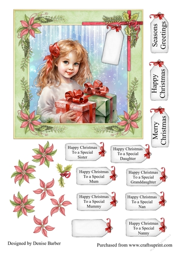 300dpi, 6x6ins Topper & Decoupage - Christmas - Girl with Present No.4 - Mum, Daughter, Sister, Granddaughter, Mummy, Nan, Nanny