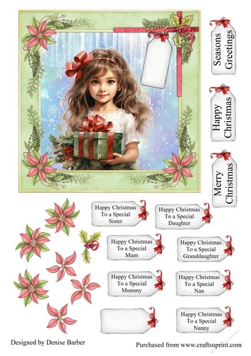 300dpi, 6x6ins Topper & Decoupage - Christmas - Girl with Present No.5 - Mum, Daughter, Sister, Granddaughter, Mummy, Nan, Nanny