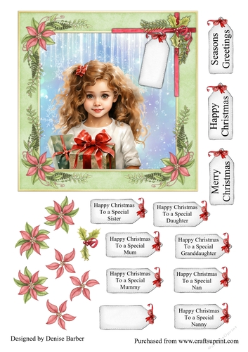 300dpi, 6x6ins Topper & Decoupage - Christmas - Girl with Present No.6 - Mum, Daughter, Sister, Granddaughter, Mummy, Nan, Nanny