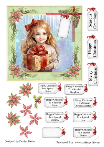 300dpi, 6x6ins Topper & Decoupage - Christmas - Girl with Present No.7- Mum, Daughter, Sister, Granddaughter, Mummy, Nan, Nanny
