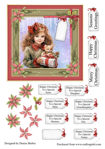 300dpi, 6x6ins Topper & Decoupage - Christmas - Girl with Present No.8- Mum, Daughter, Sister, Granddaughter, Mummy, Nan, Nanny