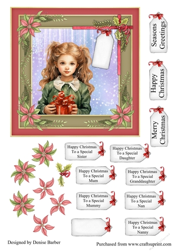 300dpi, 6x6ins Topper & Decoupage - Christmas - Girl with Present No.9- Mum, Daughter, Sister, Granddaughter, Mummy, Nan, Nanny