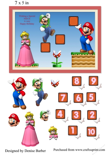 300dpi 7x5ins topper & decoupage, Mario and Princess-Birthday-Niece ages 1-10