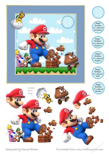 300dpi 6x6ins topper & decoupage-Giant Mario - Happy Birthday Son, stepson, Brother, Nephew, grandson