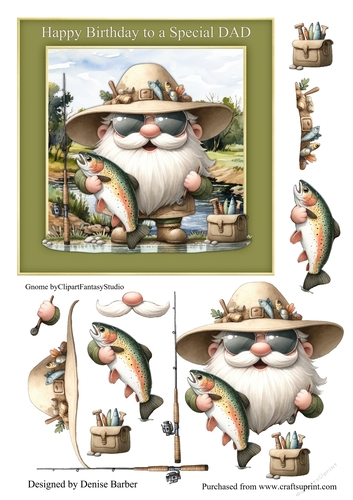 300dpi 6x6ins Topper & Decoupage - Gnome Fishing - Birthday Dad