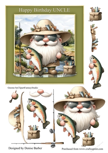 300dpi 6x6ins Topper & Decoupage - Gnome Fishing - Birthday Uncle