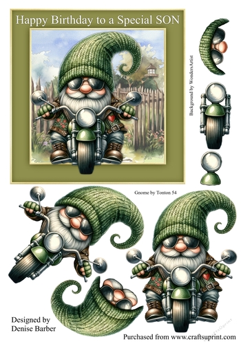 300dpi 6x6ins topper & Decoupage - Gnome Biker - Happy Birthday Special Son