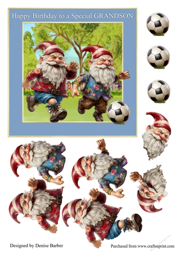 300dpi 6x6ins topper & Decoupage, Gnome Footballers - Happy Birthday Grandson