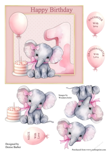 300dpi 6x6ins topper and decoupage - 1st Birthday - cute Elephant, cake and balloon - Daughter/Granddaughter/Niecee