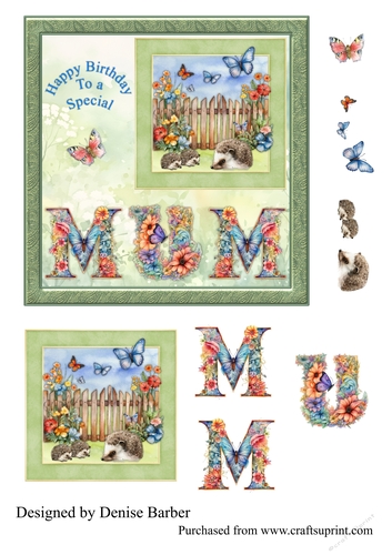 300dpi 6x6ins topper & Decoupage Birthday, Floral Mum word, Hedgehogs and butterflies
