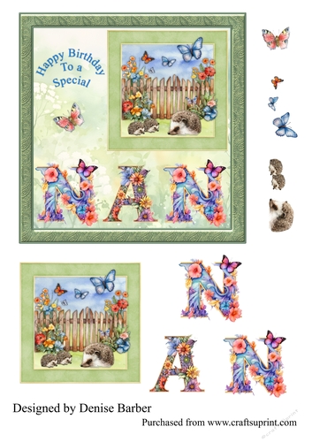 300dpi 6x6ins topper & Decoupage Birthday, Floral Nan word, Hedgehogs and butterflies